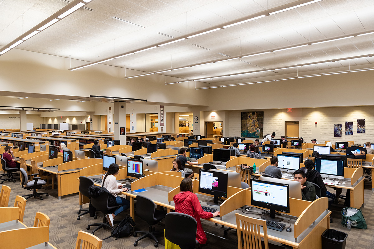 Library interior with students