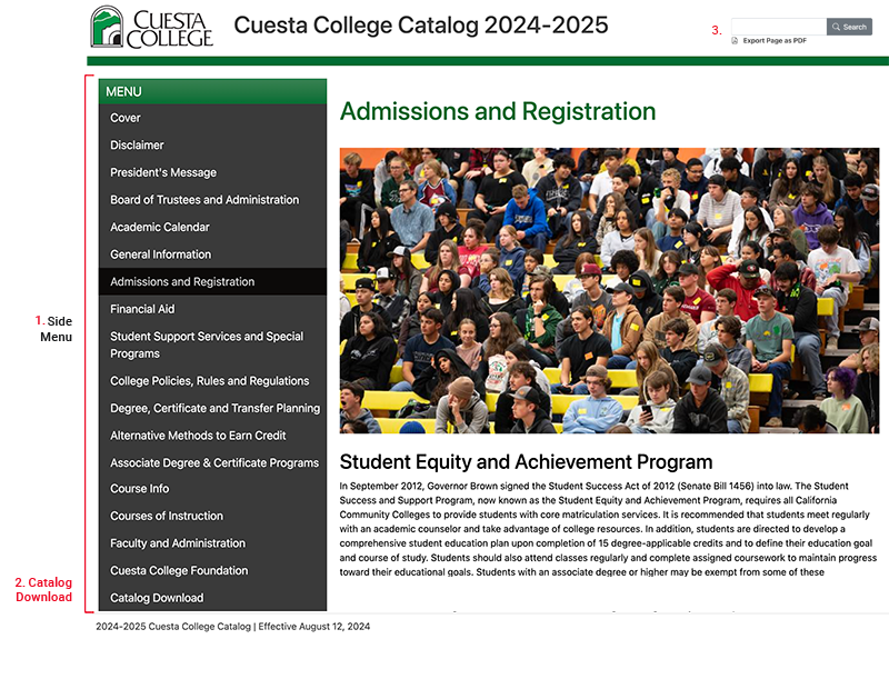 Screenshot showing side menu and catalog download link