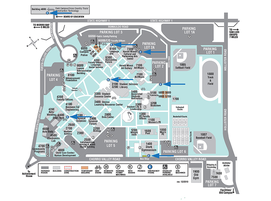 San Luis Obispo map of blue light emergency phones